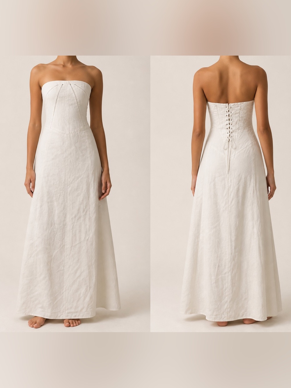 Peppermayo Strapless White Lace-Up Linen Maxi Dress-Zipper on side.